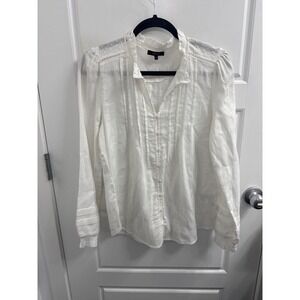 Quince White Organic Cotton Pintuck Ruffle Blouse Swiss Dot Lace Top Medium
